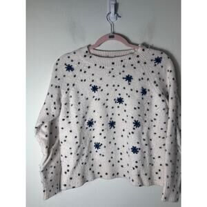La Vie Rebecca Taylor White Long Sleeve Sweater with Navy Blue Stars Sz M